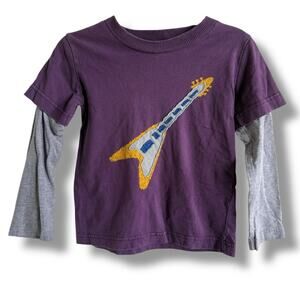 Mini‎ Boden Boys Shirt Sz 3-4 Purple Electric Guitar Applique Gray Layered Look